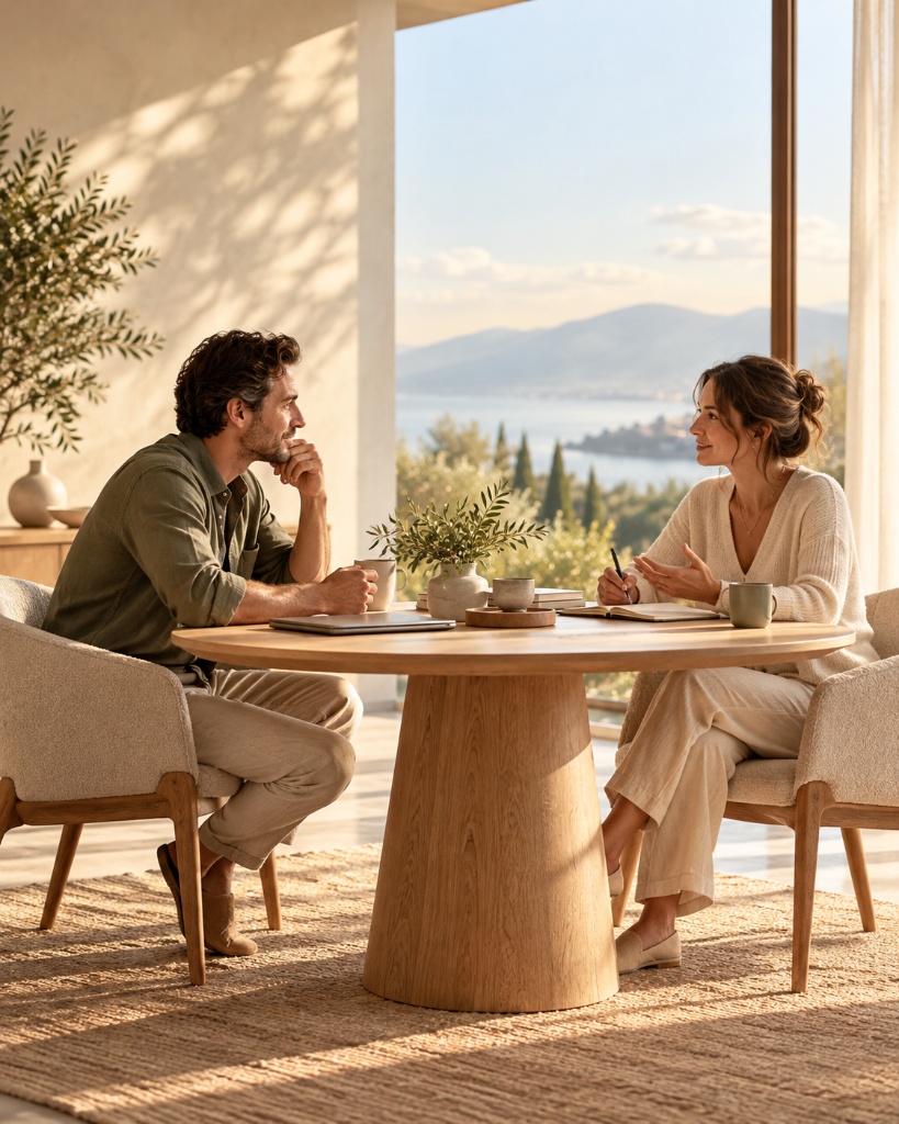 Due persone sedute a un tavolo che dialogano con attenzione, in un ambiente luminoso e accogliente