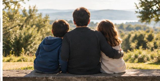 Un padre abbraccia i suoi due figli seduti su una panchina, di spalle, davanti a un paesaggio